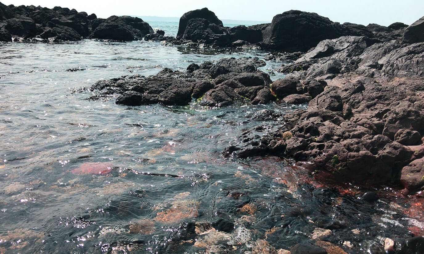 玄武岩とサンゴが混じる足元に透明度が非常に高い海水で満ちています